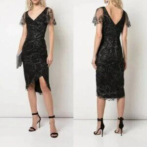 NWT Marchesa Notte Black Lace V-Neck Flocked Sheath Midi Dress $495